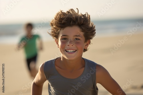 Portrait of a focused kid male jogging on the beach. With generative AI technology