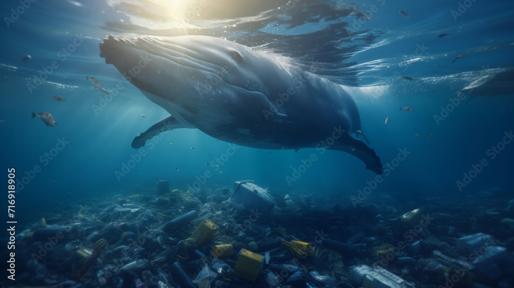 Fototapeta premium Concept plastic pollution water and human waste. Blue whale floating among garbage in ocean.