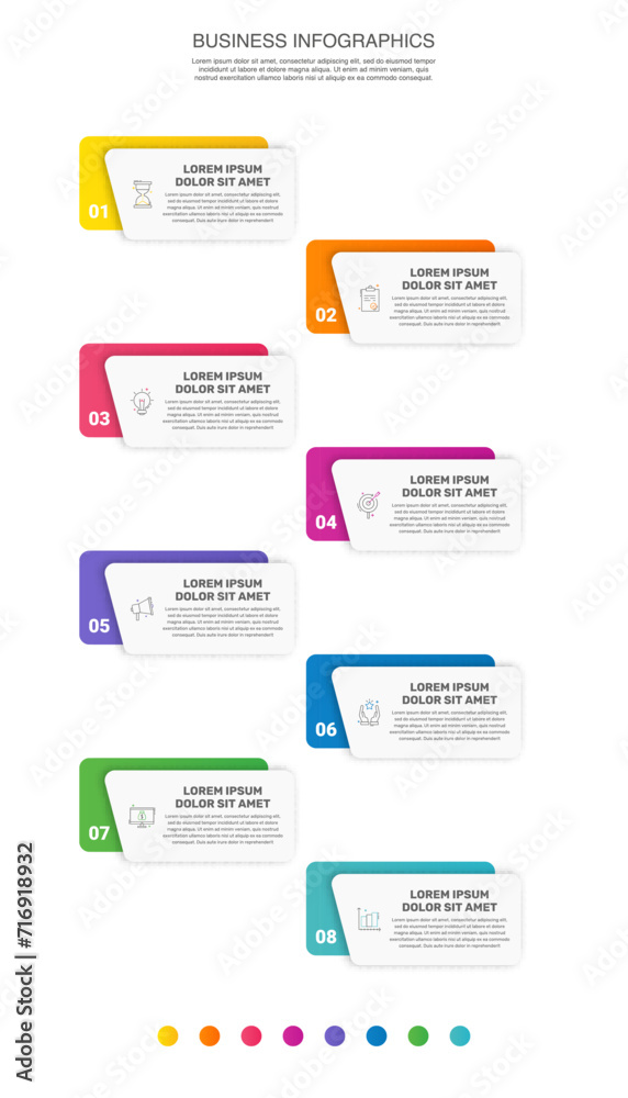 Vector business infographics design template. Timeline with eight options, steps, labels, marketing icons. Illustration used for workflow layout, diagram, flow chart, banner, info graph. Vector business infographics design template. Timeline with eight options, steps, labels, marketing icons. Illustration used for workflow layout, diagram, flow chart, banner, info graph.