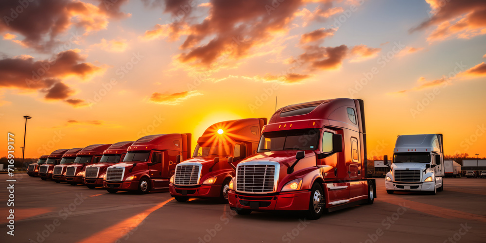 Cargo trailers Trucks stand in row, sunset light. International center warehouse, logistic banner.