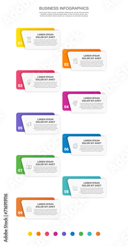 Vector business infographics design template. Timeline with 9 options, steps, labels, marketing icons. Illustration used for workflow layout, diagram, presentations, flow chart, banner, info graph.