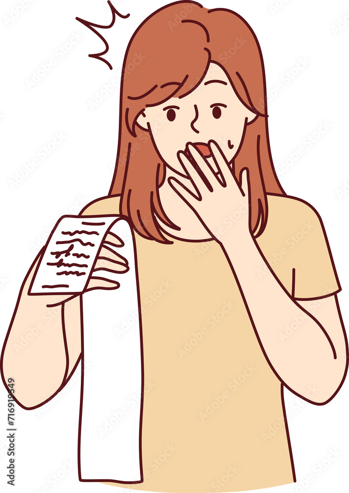Shocked woman holds receipt with purchase price and is amazed at size prices and rise in inflation Shocked woman holds receipt with purchase price and is amazed at size prices and rise in inflation