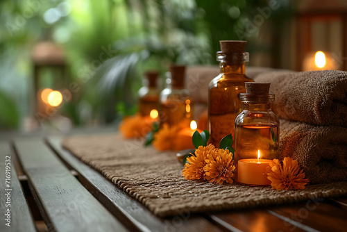 Aromatherapy Essentials, Zen Spa Environment, Holistic Massage Oils, spa still life with oils and candles