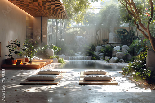 Asian Zen Garden Spa, Stone Benches, Silk Cushions, Bamboo Waterfall