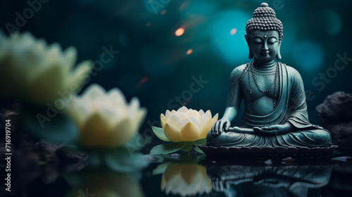 Concept statue Buddha with water lily or lotus flower, beautiful banner. Vesak day birthday, Buddhist lent.