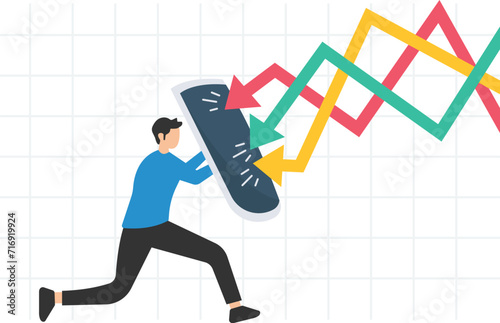 Protection or defensive stock in an economic crisis or market crash, Business resilient to survive difficulty or insurance, Holding umbrella to cover and protect from downturn arrow

