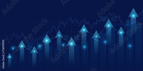 Abstract financial graph with uptrend line and arrows in stock market on blue color background