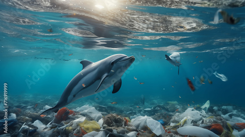 Blue dolphin floating among garbage in ocean. Concept pollution water with waste plastic and human © Adin