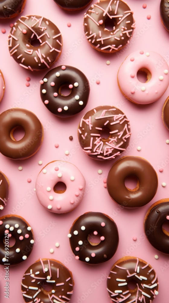 A lot of chocolate glazed donuts lie on a pink background. View from above. An advertisement for a pastry shop. Delicious sweet, but very fatty and unhealthy food.