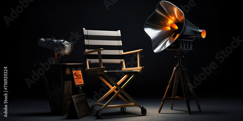 Photo studio with professional lighting ,Cinema industry concept. or video camera gimbal stabilization tripod system near director chair, movie clapper and megaphone in the volumetric light , photo