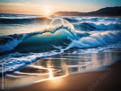A blue wave splashing on a sandy coastline, reflecting the tranquil beauty of a sunset by ai generated