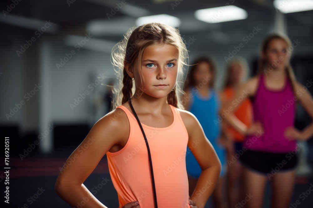 Portrait of a concentrated kid female doing resistance band exercises in a gym. With generative AI technology