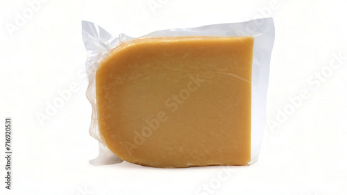 One parmesan cheese triangle in a transparent plastic wrap with soft shadows stands on a white background. Vacuum plastic bag with cheese. Mockup, packaging template with clipping path.
