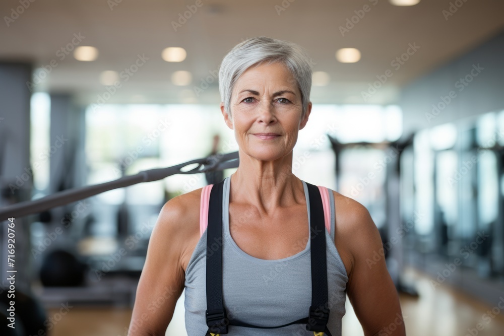 Portrait of a focused mature woman doing resistance band exercises in a gym. With generative AI technology