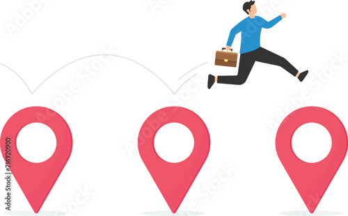 Project milestone to progress toward business goal, Journey or execution to achieve business success, Holding success flag, Jumping on milestones reaching target


