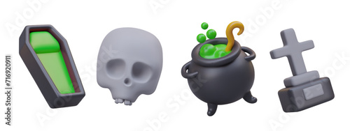 Collection with open black-green coffins, and graves with cross monuments, human skull, and black vat with potion in cartoon style. Vector illustration in 3d style with white background