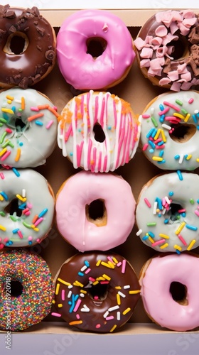 A lot of colorful donuts with delicious fillings live sideways in a row in a craft box, top view flat lay, many sweet donuts. Delicious sweet, but very fatty and unhealthy food.