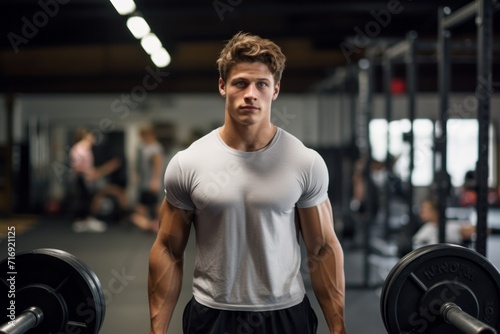 Portrait of an active boy in his 20s practicing weightlifting in a gym. With generative AI technology