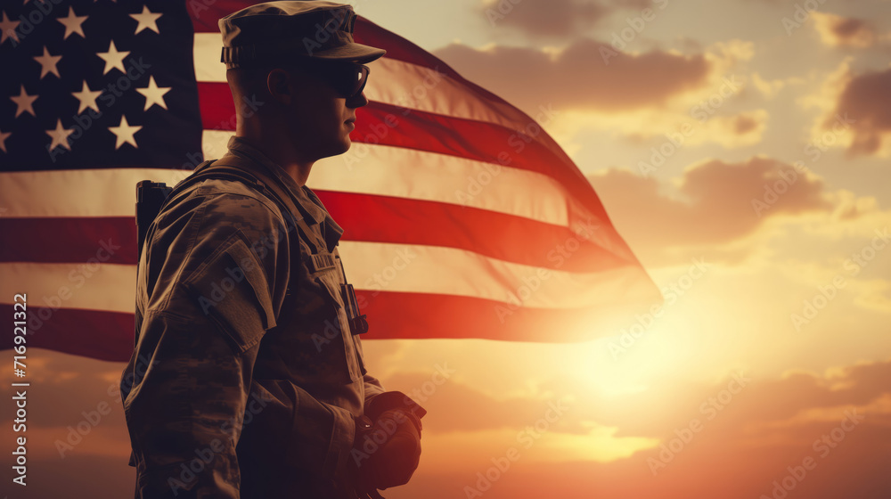 Banner army USA soldier on background national flag with sun light