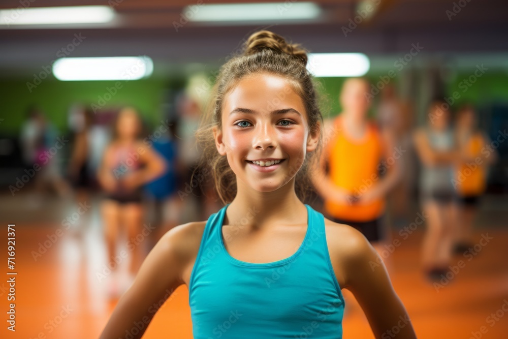 Portrait of a fitness kid female doing aerobics in a gym. With generative AI technology