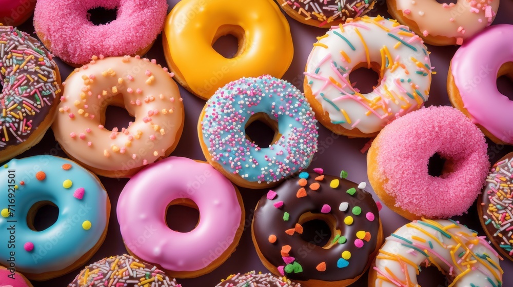 A lot of multicolored glazed donuts top view. An advertisement for a pastry shop. Delicious sweet, but very fatty and unhealthy food. A lot of multicolored glazed donuts top view. An advertisement for a pastry shop. Delicious sweet, but very fatty and unhealthy food.