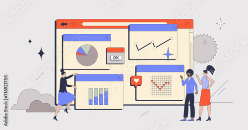Business intelligence platforms for company data retro tiny person concept. Financial information research using web programs or tools with profit, revenue or database control vector illustration.