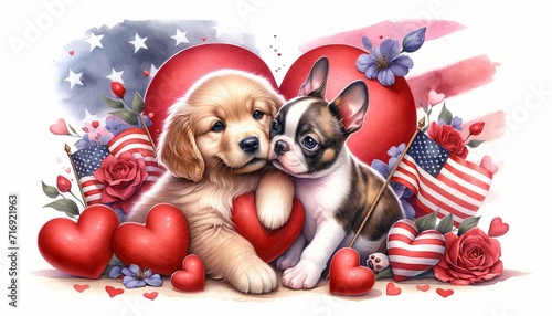 A captivating watercolor concept illustration for Valentine's Day, featuring a cute couple of puppies with a patriotic USA theme 01 photo