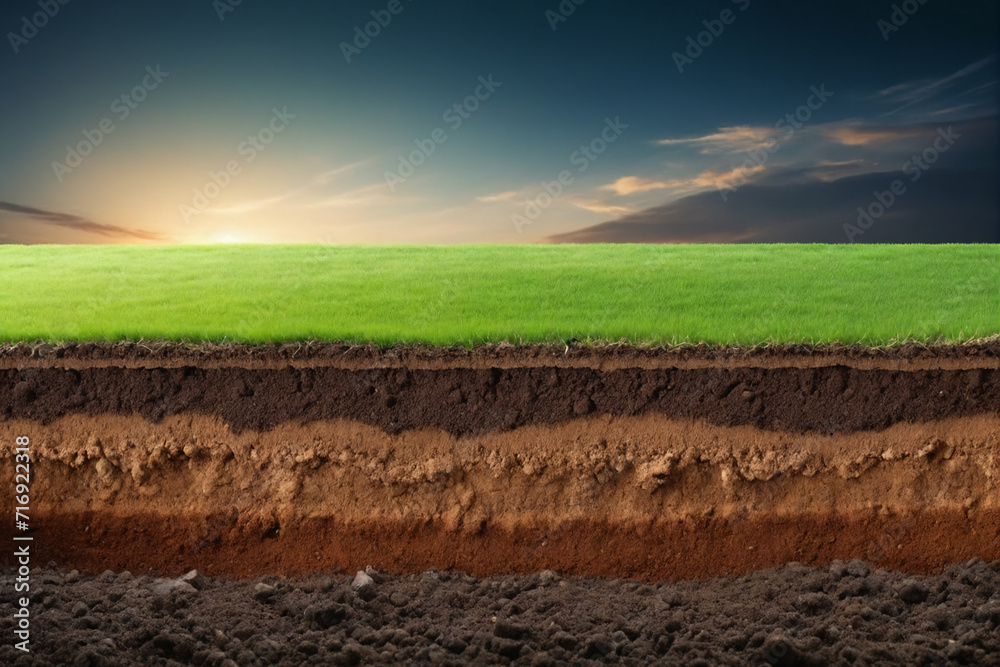 Underground soil layer of cross section earth, erosion ground with grass on top - obrazy, fototapety, plakaty 