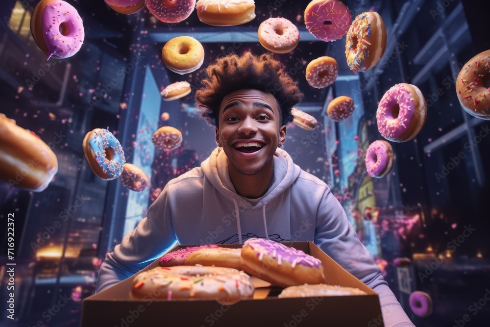 A young African American food delivery guy holds box of colorful sweet donuts with different flavors. An advertisement for a pastry shop. An alternative reality, cyberspace. - obrazy, fototapety, plakaty 