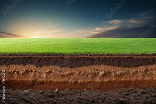 Underground soil layer of cross section earth, erosion ground with grass on top photo