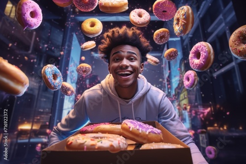 A young African American food delivery guy holds box of colorful sweet donuts with different flavors. An advertisement for a pastry shop. An alternative reality, cyberspace. © Nikolai