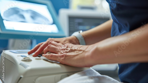 Close-up view of a healthcare professional's hands operating an ultrasound machine