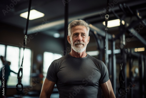 Portrait of an inspired mature man doing trx exercises in a gym. With generative AI technology