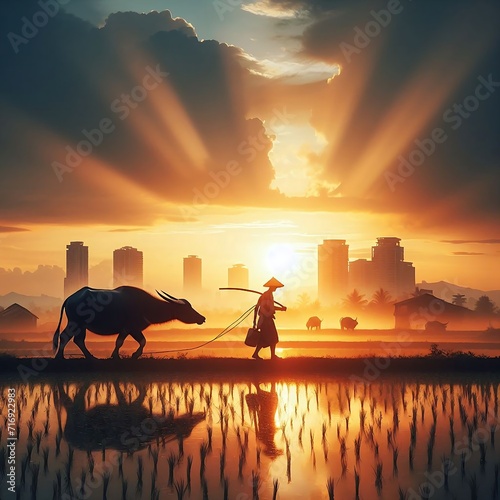 A farmer is leading a buffalo back from the rice field in the evening. The backdrop is a city. photo