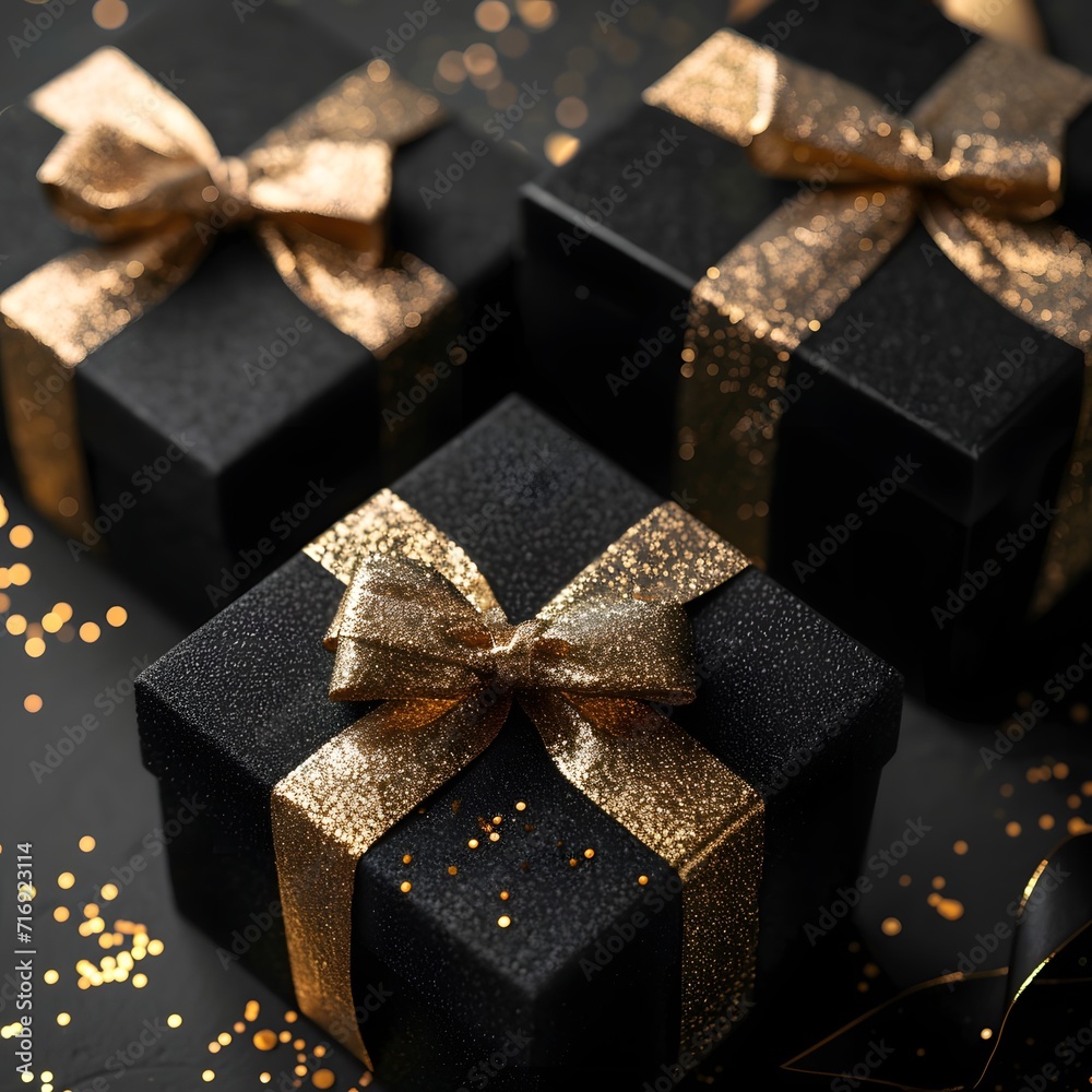 gift box on black background, black boxes with gold bows, gold glitter, black Friday gift box on black background, black boxes with gold bows, gold glitter, black Friday