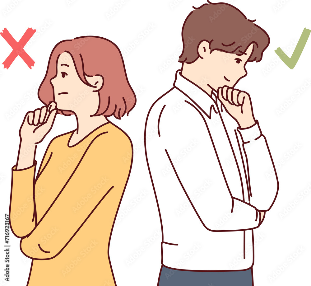 Man and woman with opposing opinions stand with backs to each other and ponder arguments for dispute. Couple with opposing thoughts located near cross or check mark symbolizing differences of opinion Man and woman with opposing opinions stand with backs to each other and ponder arguments for dispute. Couple with opposing thoughts located near cross or check mark symbolizing differences of opinion