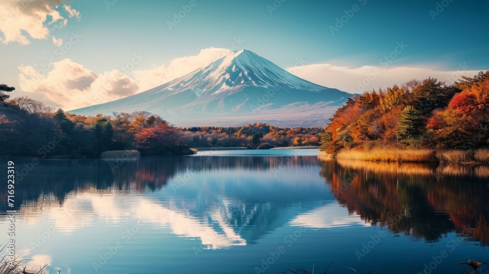 beautiful landscape of Mount Fuji with pink trees and a large clear lake in high resolution and sharpness