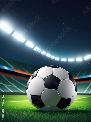 A football resting on the lush grass of a football field, with stadium lights illuminating the scene during the night by ai generated © Ai creative universe