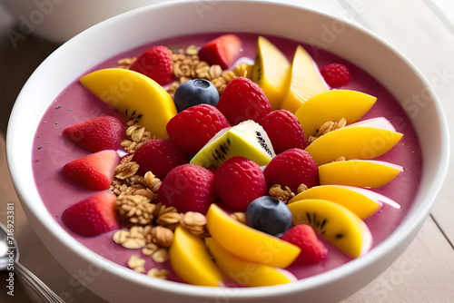 A fruit smoothie bowl with granola and fresh fruit