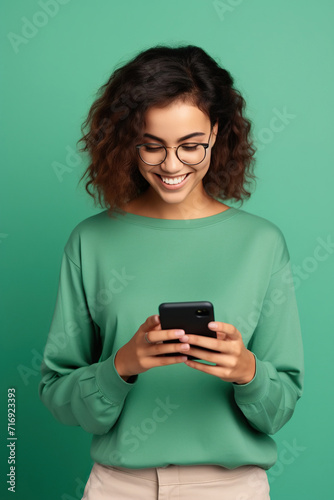 Portrait of toothy beaming nice woman wear stylish t-shirt in eyewear hold smartphone arm in pocket isolated on green color background