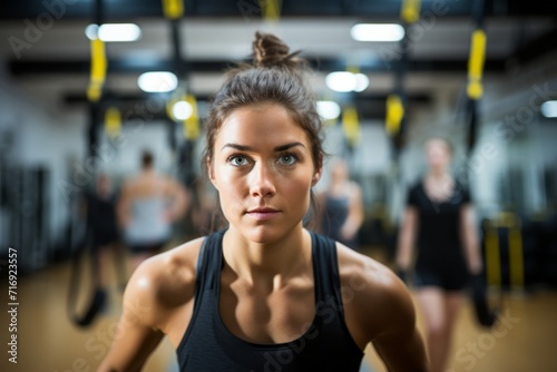 Portrait of a fitness girl in her 20s doing trx exercises in a gym. With generative AI technology