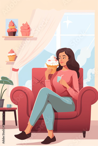 Woman, eating ice cream and living room on sofa, thinking or idea for dessert, sweets or relax in home. Girl, gelato or frozen yogurt for snack, lounge couch and house with memory, choice or decision
