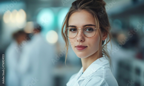 Portrait of a beautiful smiling young woman scientist wearing white coat and glasses in modern Medical Science Laboratory with Team of Specialists on background