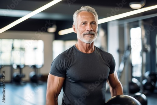 Portrait of a handsome mature man doing medicine ball exercises in an empty room. With generative AI technology