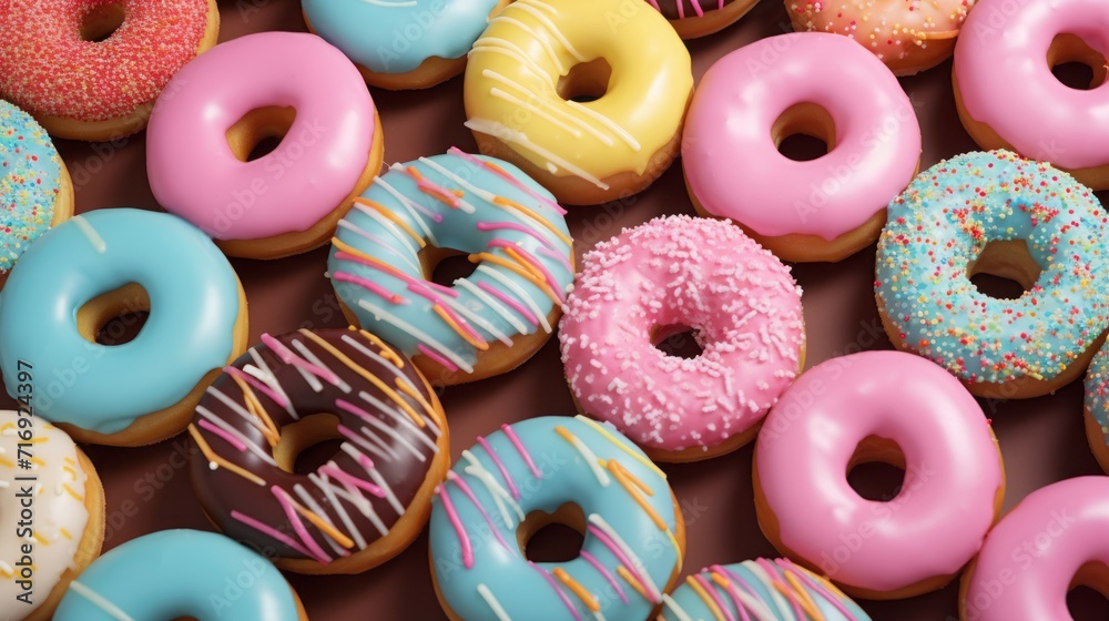 A lot of multicolored glazed donuts top view. An advertisement for a pastry shop. Delicious sweet, but very fatty and unhealthy food.