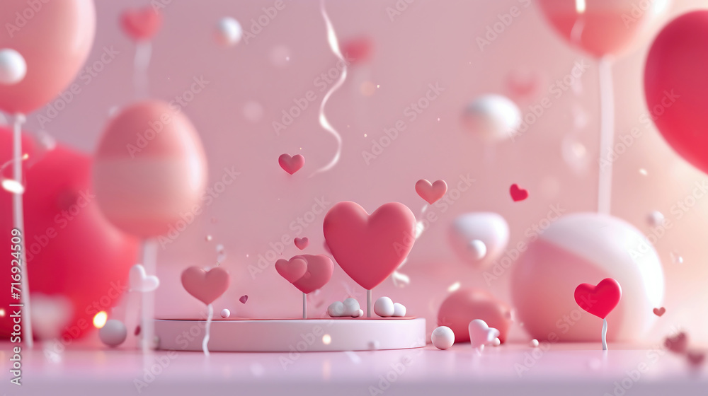 Pink podium pedestal product stand with heart balloons surprise valentines or birthday, mother day wedding on pastel pink background. Appreciation and love theme