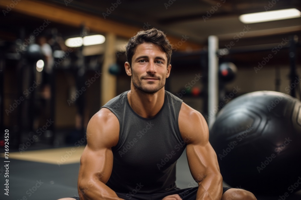 Portrait of an inspired boy in his 30s doing medicine ball exercises in a gym. With generative AI technology