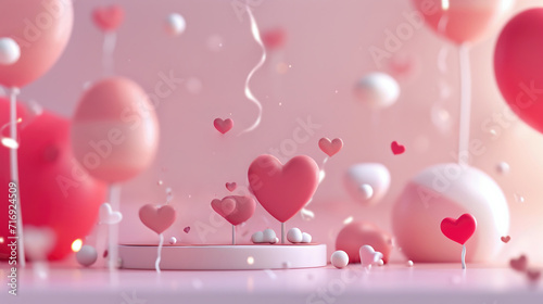 Pink podium pedestal product stand with heart balloons surprise valentines or birthday, mother day wedding on pastel pink background. Appreciation and love theme