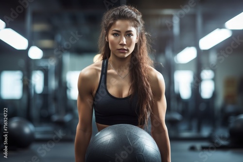 Portrait of a determined girl in her 30s doing medicine ball exercises in a gym. With generative AI technology © Markus Schröder