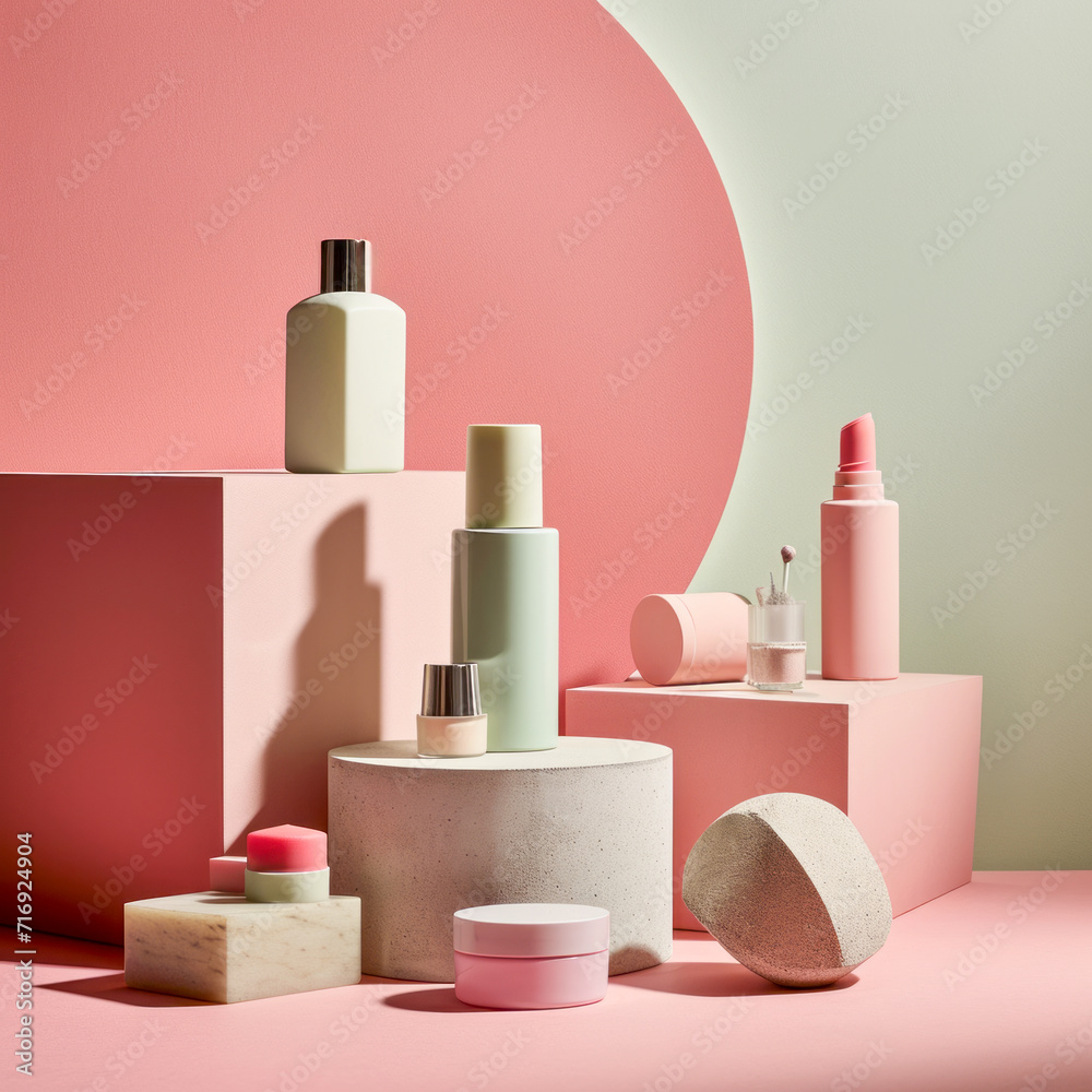 Pastel-colored cosmetic bottles neatly displayed on a pink podium with a geometric background in soft lighting Pastel-colored cosmetic bottles neatly displayed on a pink podium with a geometric background in soft lighting